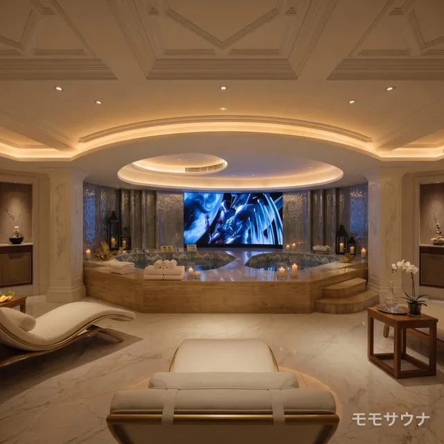 金色の間接照明とラウンジチェアが並ぶジャグジーバスホール、イースト・キャッスル・スパ、マカオの高級サウナ