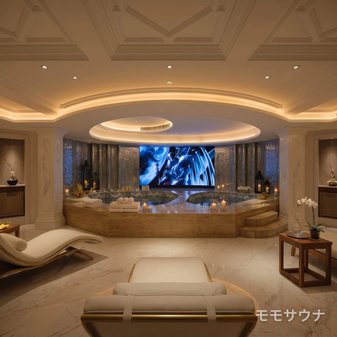 金色の間接照明とラウンジチェアが並ぶジャグジーバスホール、イースト・キャッスル・スパ、マカオの高級サウナ