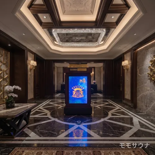 金色の装飾天井が輝くエントランスロビー、マカオ
