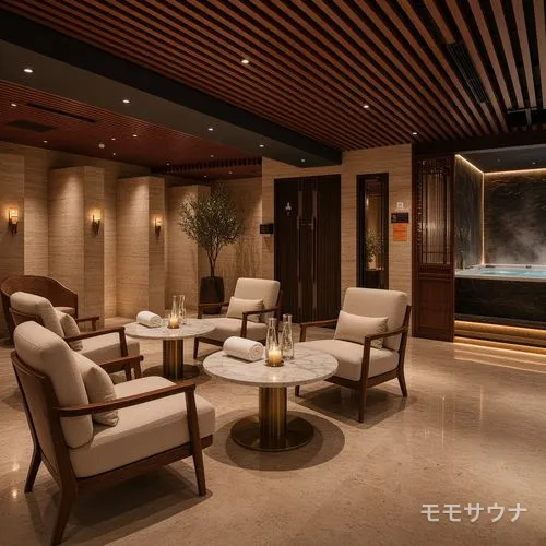 大理石のテーブルとアームチェアが並ぶ休憩ラウンジ、マカオ