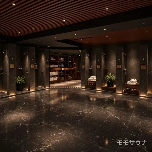 黒大理石の床に観葉植物が置かれたロッカールーム、マカオ